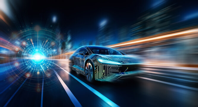 Futuristic car with circuit board design speeding through a vibrant city at night, illuminated by bright lights and motion blur, showcasing advanced technology.