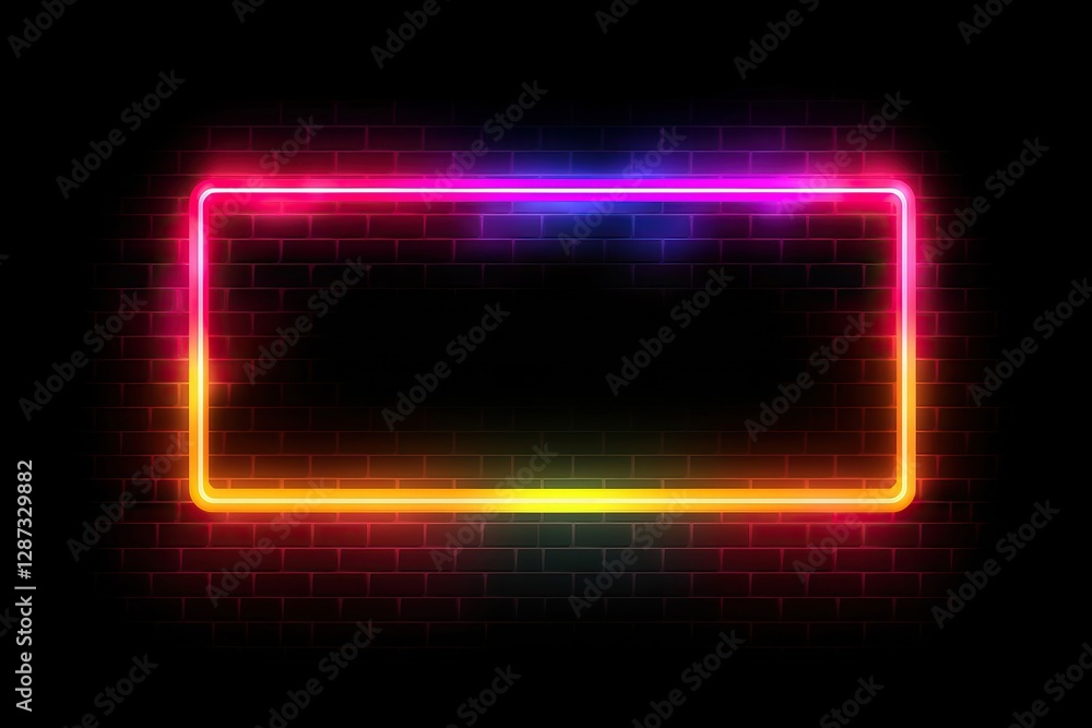 Poster neon glowing rectangular frame with gradient colors from red to orange and blue on black background.