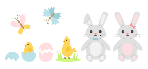 Flat cartoon Easter elements set with two gray bunnies, yellow chicks, butterflies, and cracked eggs. Pastel color palette, cute holiday and spring-themed design for decoration and clipart set