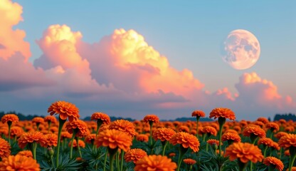 A captivating twilight scene unfolds across a field of vibrant orange marigold flowers, their petals aglow in the soft, fading light.