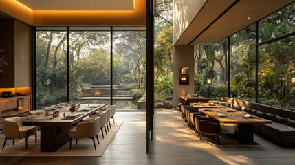 Fototapeta premium A dining area in ochre tones, sleek wooden furniture, ochre accents in table settings, natural light filtering in, and clean, modern lines blending warmth and sophistication 
