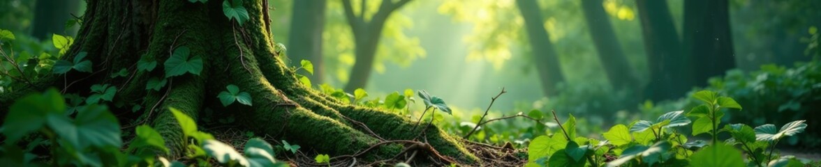 Vines and creepers entwine the trunks of trees,, undergrowth