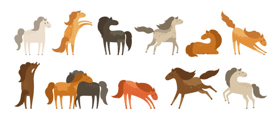 Horses of different color, coloring various poses cartoon set. Flat collection of funny childish pony or mustang. Comic purebred wild stallion. Isolated vector illustration farm character animals art