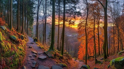 Obraz premium Autumnal forest path sunset landscape, hillside trail