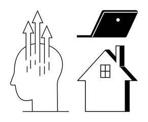 Fototapeta premium Head with upward arrows, a laptop, and a house. Ideal for themes thumbs up remote work, creativity, innovation, growth, cognitive development home life technology integration and freedom. Simple
