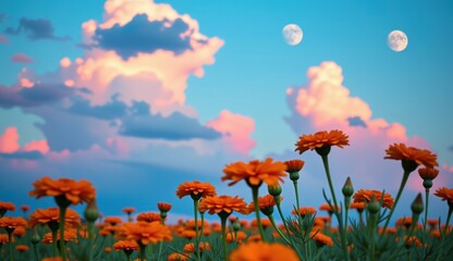 Obraz premium A captivating twilight scene unfolds across a field of vibrant orange marigold flowers, their petals aglow in the soft, fading light.