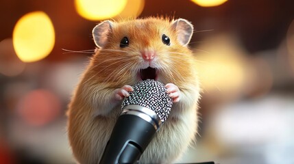 Hamster Sings Into Microphone. Conceptual Image. Stand-Up Comedian. Star. Pet. Voice. Music.