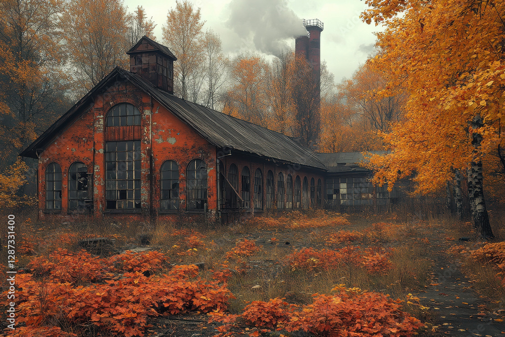 Poster a red building with a chimney and a large tree in front of it