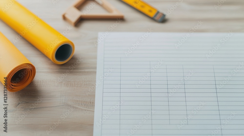 Poster a workspace with rolled yellow paper, a ruler, and a grid-patterned sheet, ideal for drafting and de
