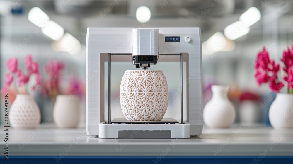 Poster a modern machine is creating a decorative vase filled with popcorn, set against a backdrop of colorf