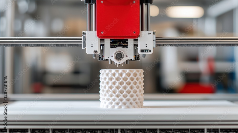 Poster a 3d printer is creating a detailed, textured object in a modern workshop, showcasing advanced manuf