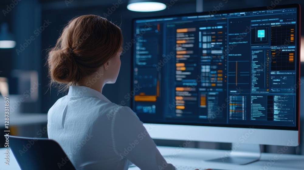 Poster a focused individual analyzes data on a high-tech screen, surrounded by a modern workspace, illustra