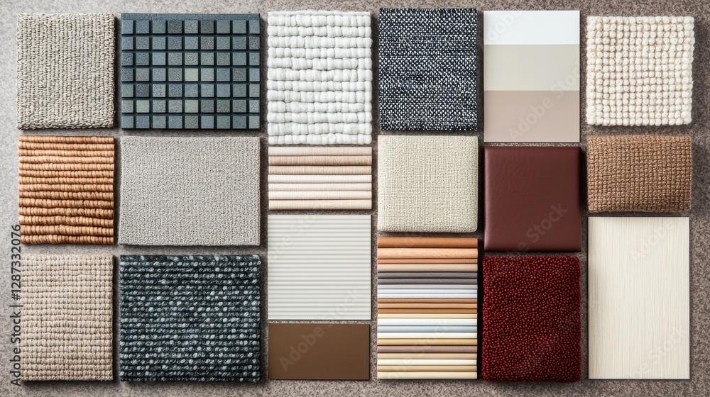 Poster a collection of various textured fabric and material swatches arranged in a grid pattern, showcasing