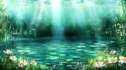 Naklejka premium Sunlit Pond, Aquatic Plants, Forest Background, Idyllic Scene, Nature Wallpaper