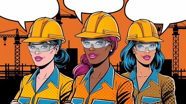 A diverse group of construction employees female on a construction site, pop art comic design with speech bubble