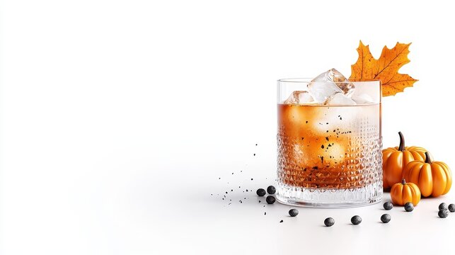 A Thanksgiving cocktail scene with a maple bourbon old fashioned, autumn leaves, and mini pumpkins, detailed realism, isolated on white background