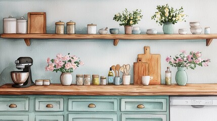 A cozy kitchen with wooden shelves, colorful jars, and fresh flowers, creating a warm and inviting atmosphere for cooking and gathering.