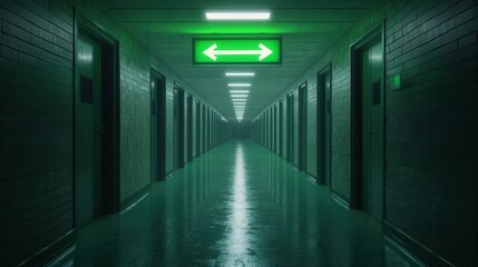 Dimly Lit Hallway with Green Exit Sign and Reflections on Floor