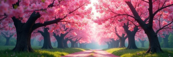 Dense canopy of blooming cherry trees in the forest, flower, leaves