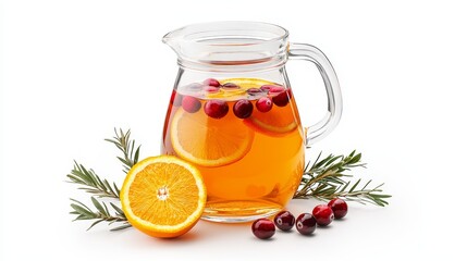 A Thanksgiving drink in a glass pitcher, filled with apple cider sangria, orange slices, cranberries, rustic autumn leaves, hyper-detailed, isolated on white background