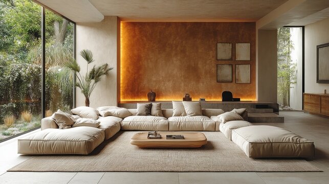 A living room in warm hazelnut tones, featuring beige furniture, a hazelnut feature wall, glowing ambient lighting, and clean, modern decor for a cozy and inviting vibe 