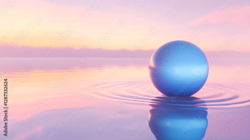 Aufkleber serene pastel sunset with blue sphere on calm water surface creating ripples, reflecting sky hues. a