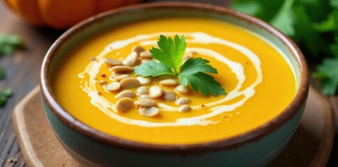 Butternut squash and coconut milk soup topped with toasted pumpkin seeds and fresh cilantro leaves, milk, cilantro, squash