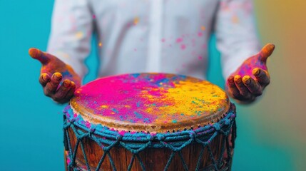Fototapeta premium Vibrant Hands Playing Traditional Drum with Colorful Powder Splashes