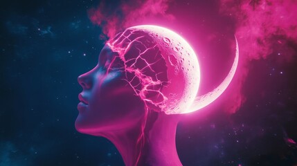 Obraz premium A woman's head merges with a glowing pink crescent moon in a cosmic dreamscape.