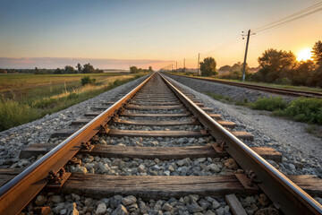 Fototapeta premium serene sunset view along railway tracks, showcasing nature beauty