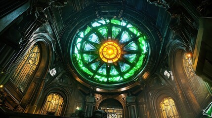 Obraz premium Emerald rosette ceiling, gothic hall, interior, fantasy, game design