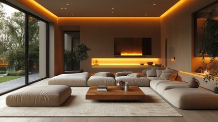 A modern living space in deep amber tones, warm amber-colored walls, soft beige furniture, a large wooden coffee table, glowing ambient lights, and natural textures throughout 