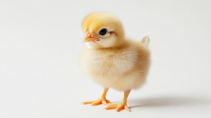 Fototapeta premium Yellow baby chick on a white background, fluffy and curious. Springtime and new beginnings concept