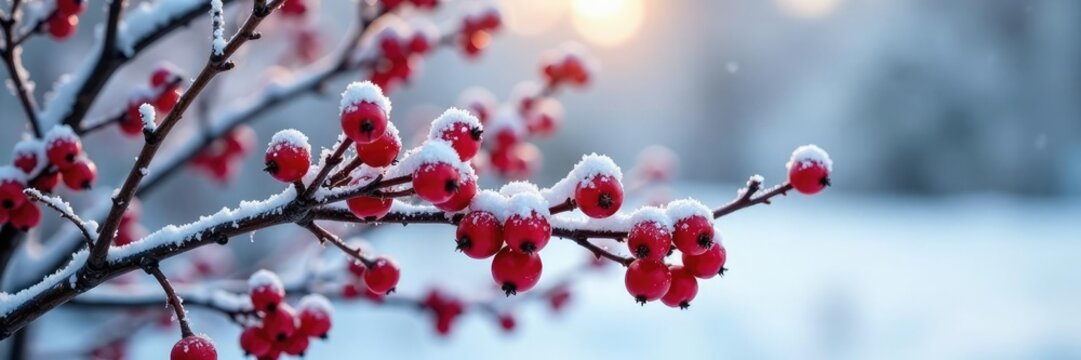Dense clusters of winterberry stems amidst snow-covered branches, shrub, frost, winterberry