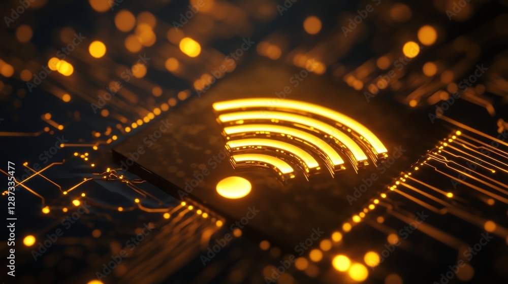 Poster Golden glowing wifi symbol on microchip circuit board with digital connections in dark background. Futuristic technology and communication concept