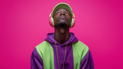 Obraz premium Young Black man in vibrant hoodie listening to music, looking up.