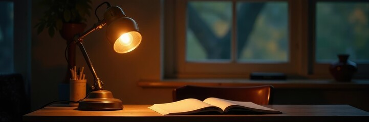 Vintage floor lamp with a warm glow and twinkling light bulbs on a desk, floor lamp, study