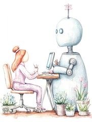 Girl Working with Robot Assistant Watercolor - AI and technology