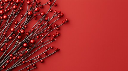 Red Berries on Twigs Against a Bold Red Background for Decor