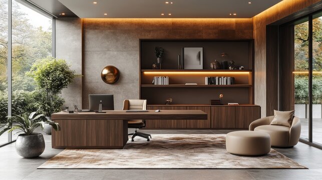 A modern workspace in muted bronze tones with bronze walls sleek wooden furniture beige accents and soft ambient light for a sophisticated and productive design 