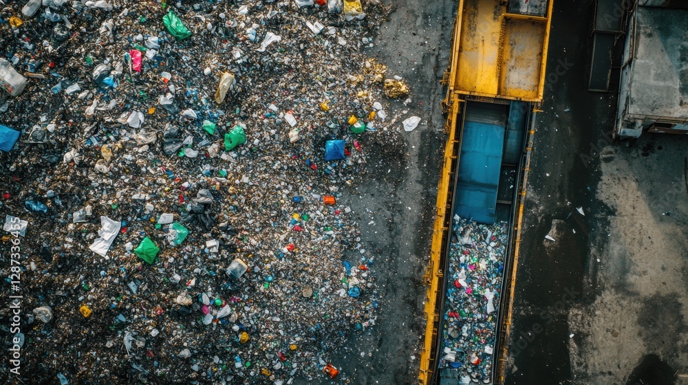 Poster sorting waste in a recycling plant with conveyor belts and industrial backdrop in an open environmen