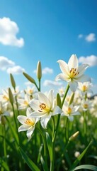 Obraz premium Masses of Madonna lilies in a field with blue sky,, field, nature