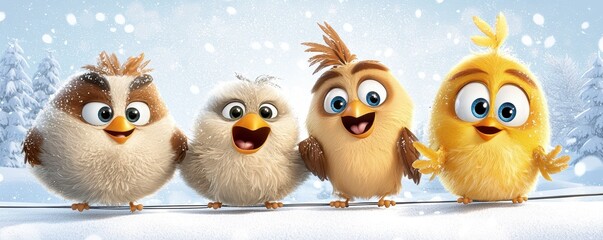 Joyful animated birds singing in snowy winter wonderland cartoon characters playful environment whimsical viewpoint
