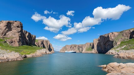 Arctic fjord landscape with cruise ship, scenic rocky shore, sunny day