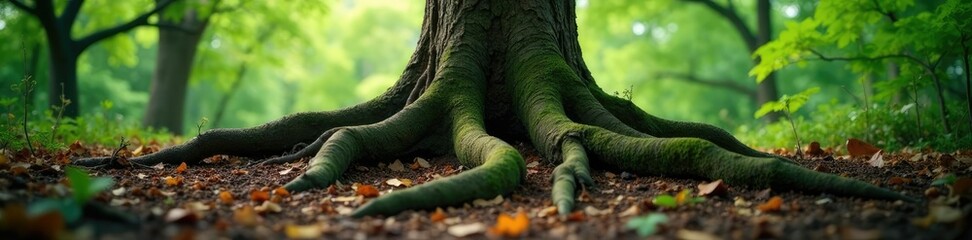 Roots of an ancient tree spreading across the ground, forest floor, growth