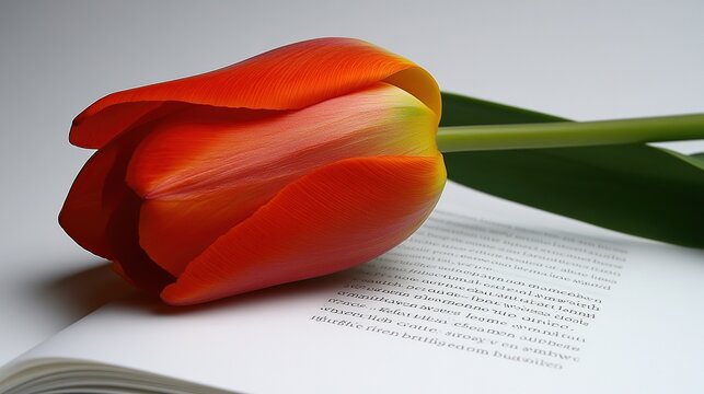 Red tulip resting on open book, white background, reading