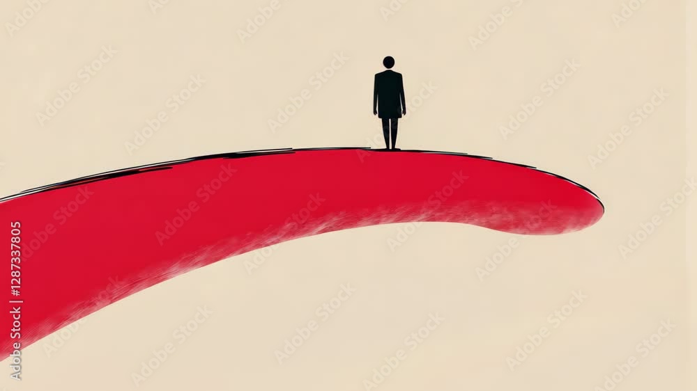 Poster minimalist line illustration of individual standing alone on a red curve with simple elegant design 