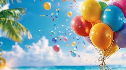 Celebrating with colorful balloons and confetti at the beach vibrant atmosphere joyful moment summer vibes