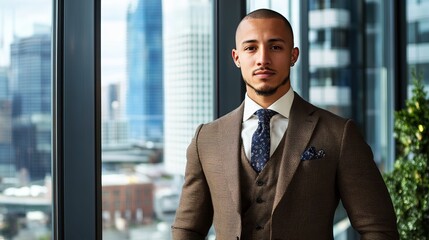 Fototapeta na wymiar Confident Businessman In Suit With City View. Leadership And Success. Career Driven Professional.