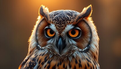 Closeup Portrait of an Owl with Intense Gaze at Golden Hour